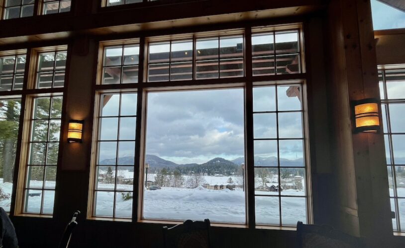 a view of mirror lake and the adirondacks from the crowne plaza one of two lake placid hotels i recommend for families.