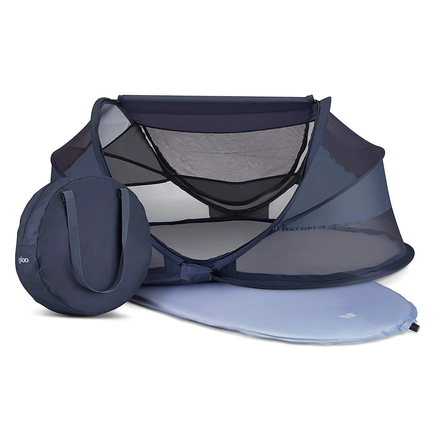 the joovy gloo portable tent creates a dark place for babies to sleep in hotel rooms and gives parents some privacy.
