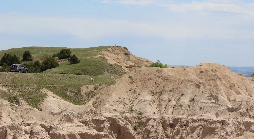 a car makes it way along one of the many accessible scenic drives in badlands national park.