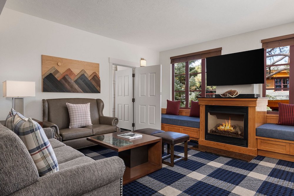 All rooms at the marriott at heavenly in lake tahoe have living areas with fireplaces and modern plaid accents.