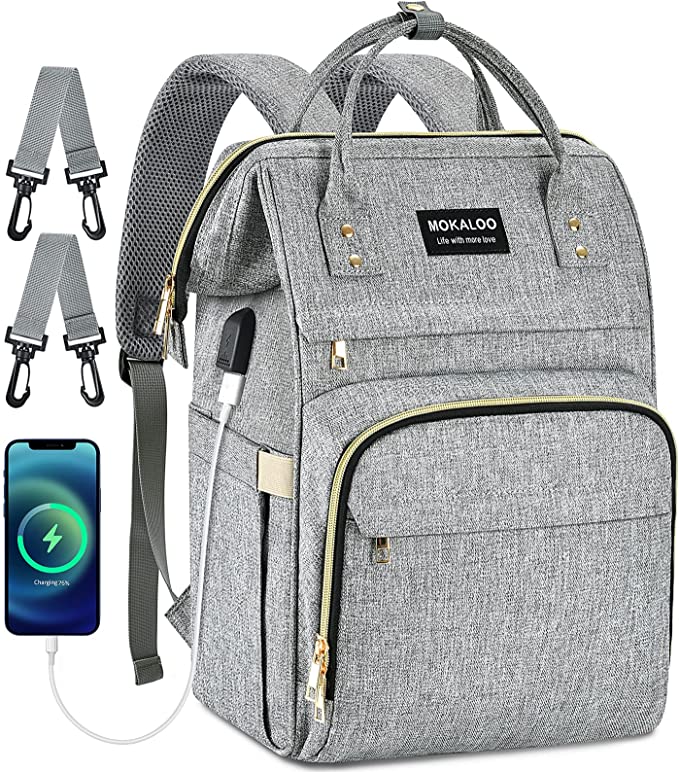 The mokaloo diaper bag, in heather grey, is a popular one with parents who travel.