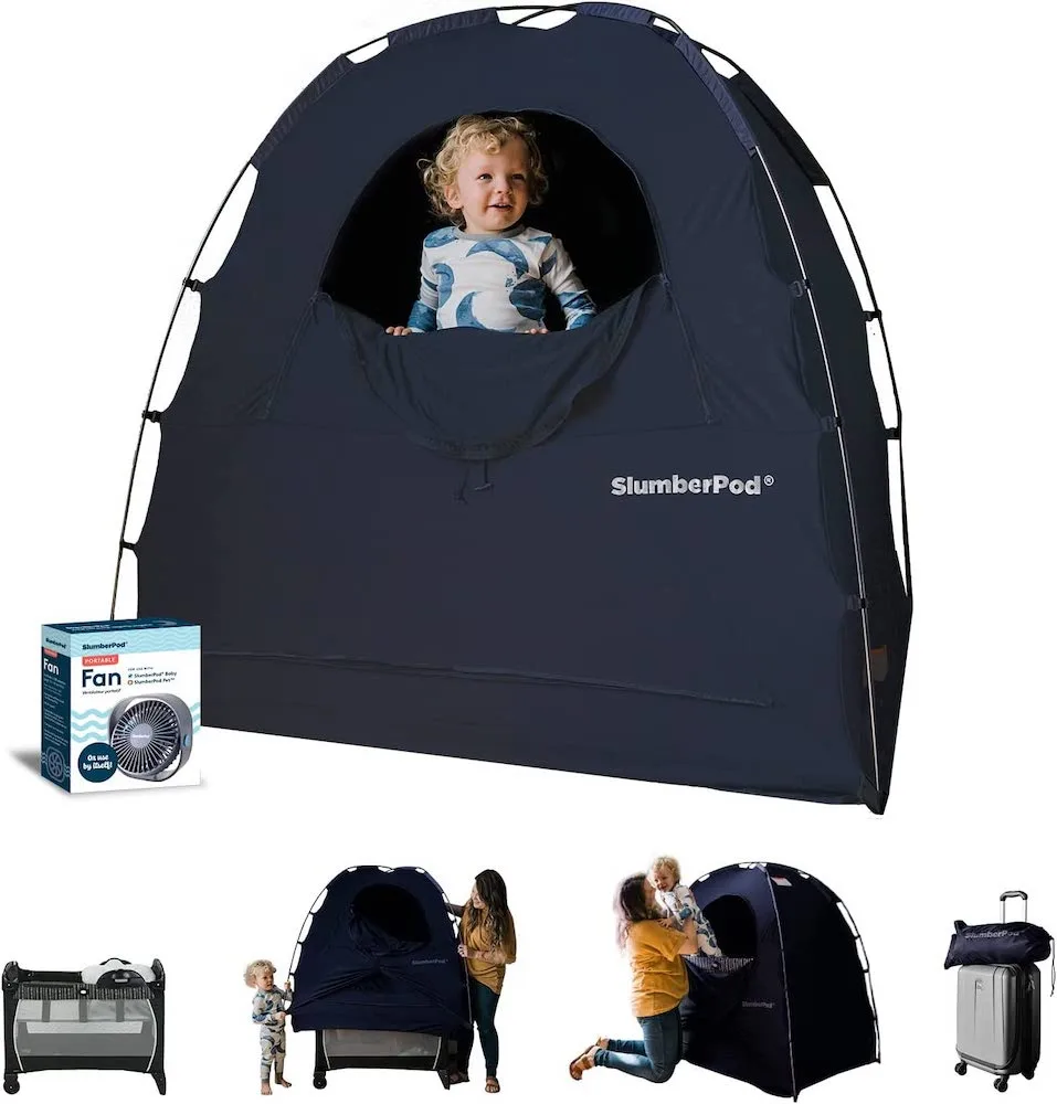 the slumberpod canopy fits over travel cribs and playards and comes with a fan for air circulation.