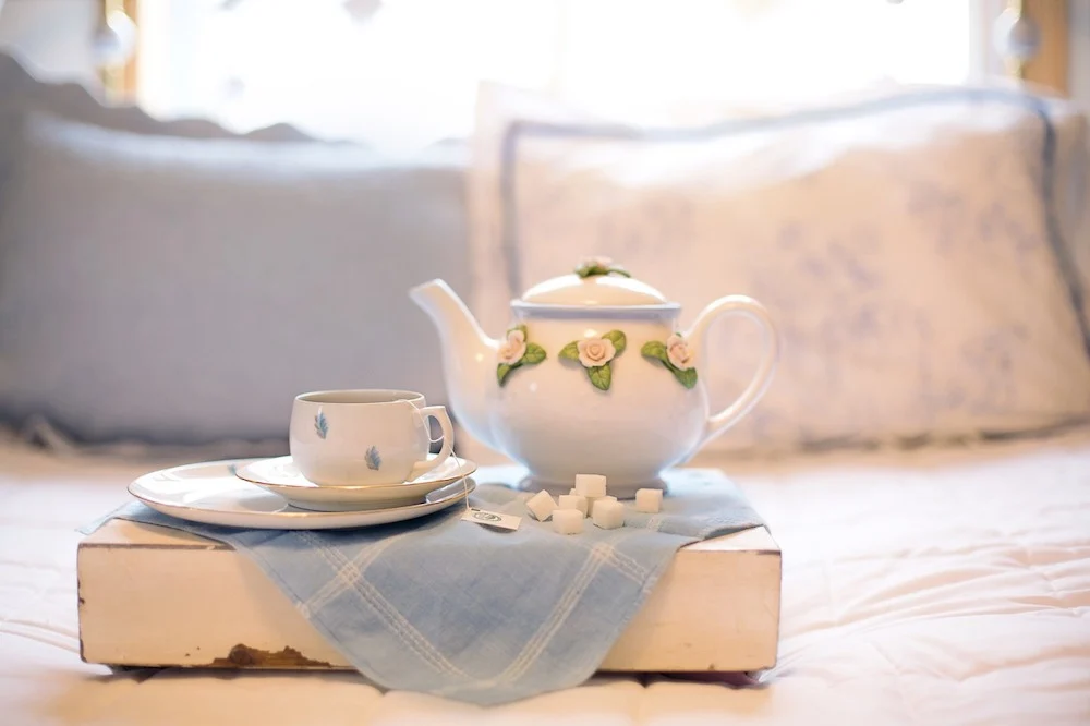 a cup of herbal tea in your hotel room can help you sleep when your jetlagged. this pot and cup have cubes of sugar with them.