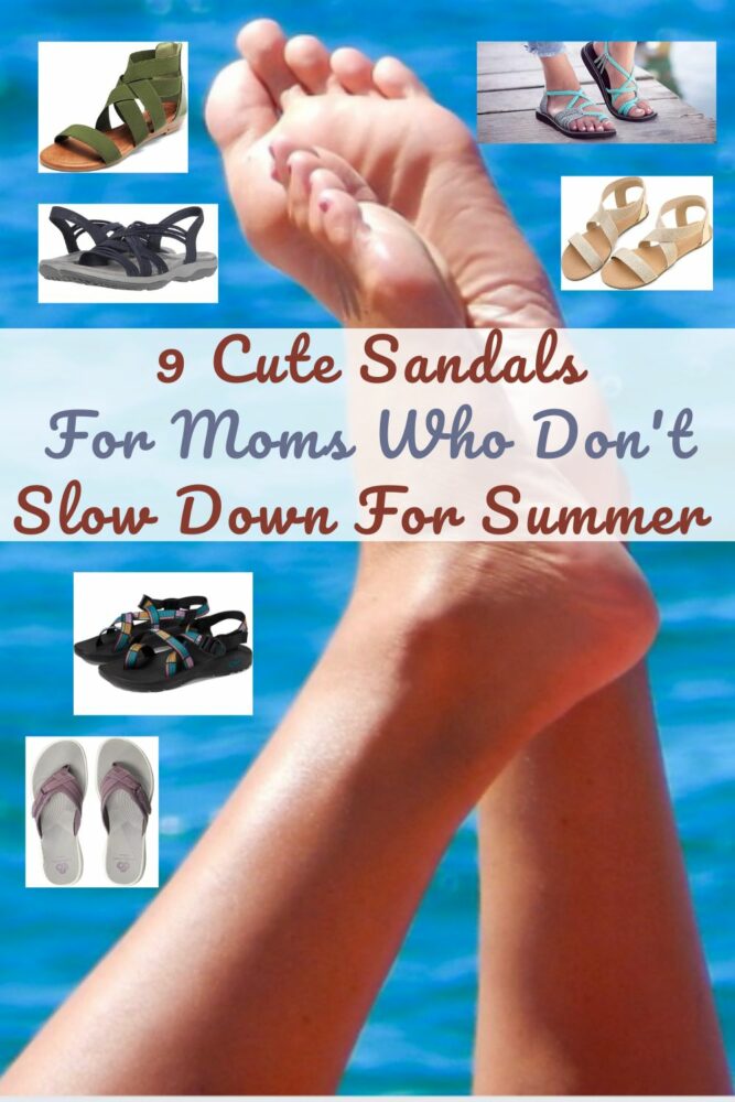 Happy feet surrounding by cute and comfortable sandals perfect for moms to pack for vacation, or just wear all summer long.