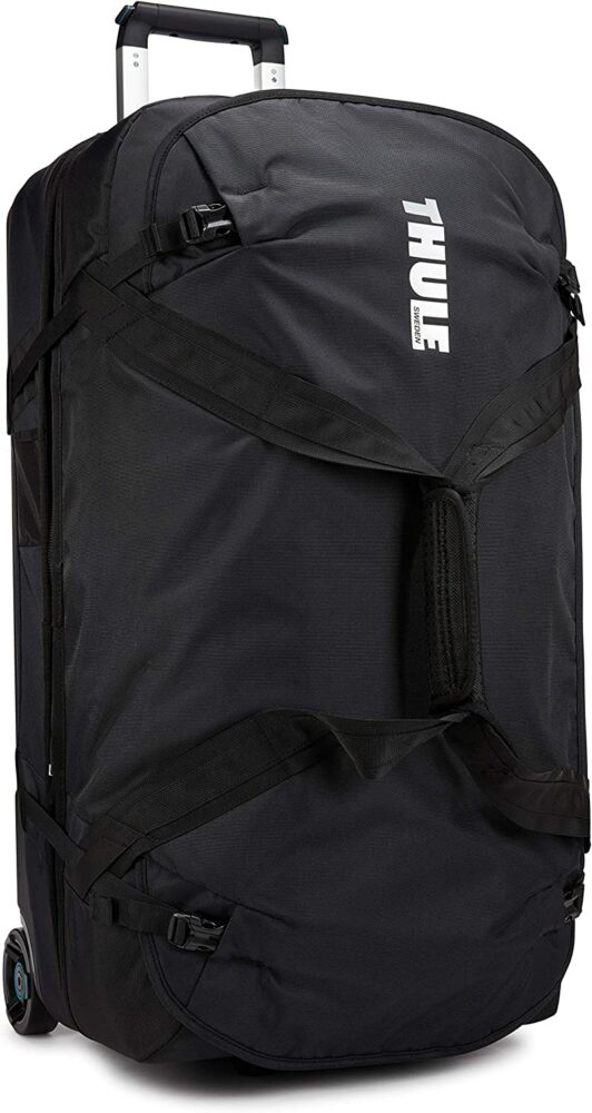 This thule subterra is 2 duffle bags clipped together and one has wheels. It's the ideal travel bag for moms who want to pack one suitcase for them and their kids.