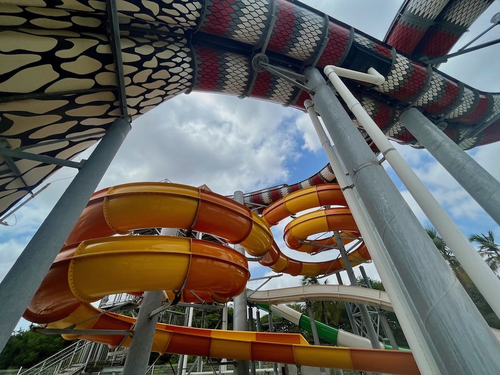 the waterslides at hilton's curio brand all-inclusive resort on curacao.