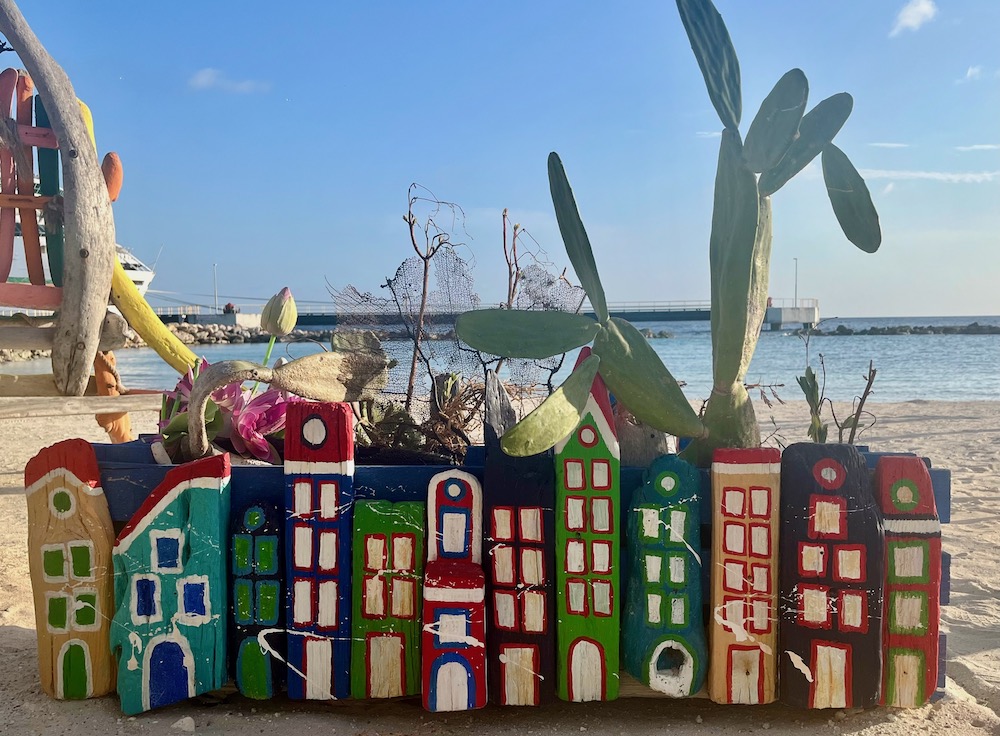 A planter at mangrove beach all-inclusive resort on curacao, mimics the capital city's dutch buildings.