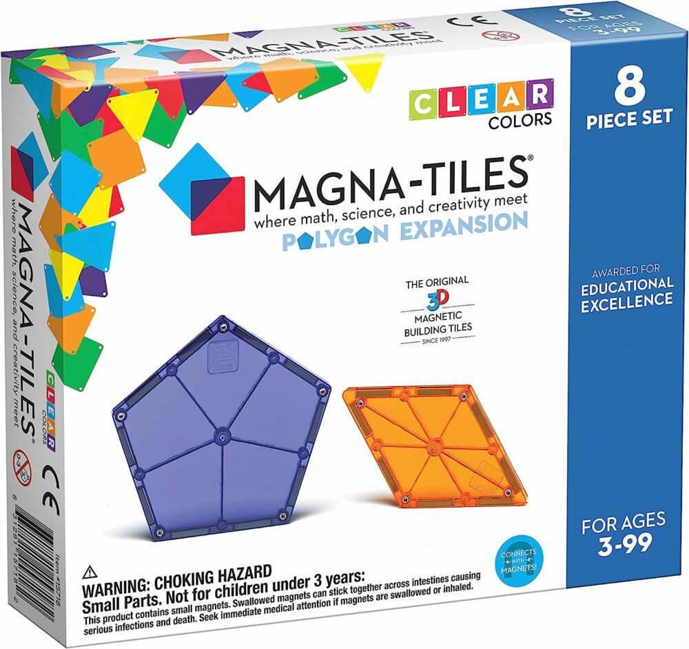 Kids can play with classic magna-tiles for years, and can augment the basic squares and triangles iwht polygons.