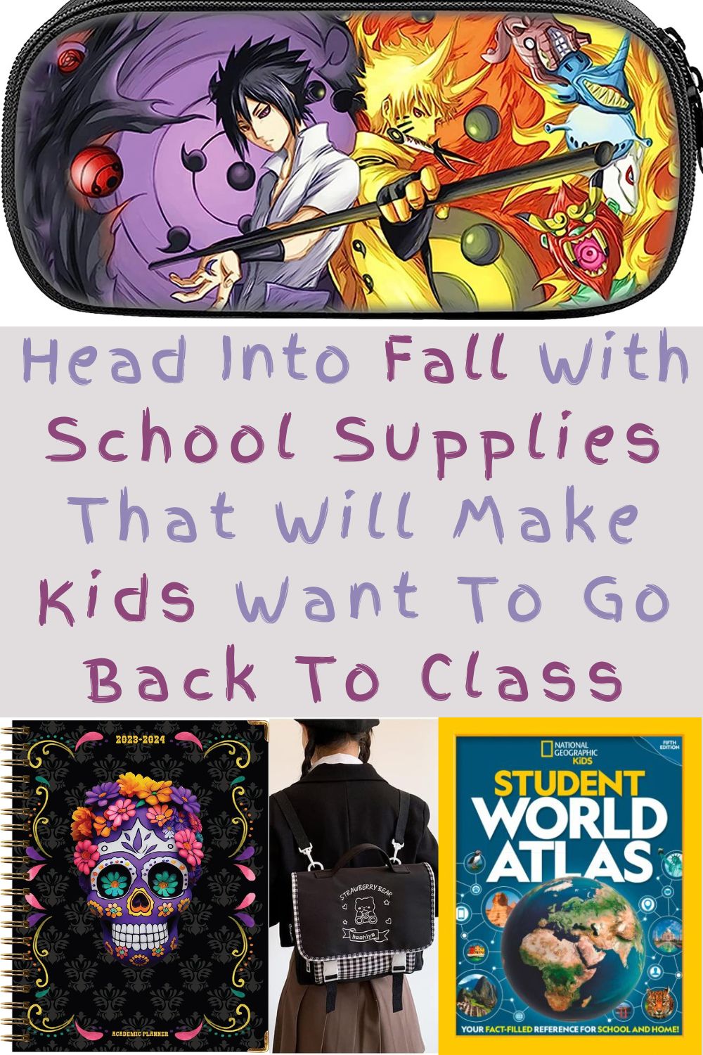 here are 14 cool back-to-school supplies your kids can get excited about. backpacks, pencil cases, gel pens and lunch bags inspired by mange, anime, the day f the dead and the best of europe.