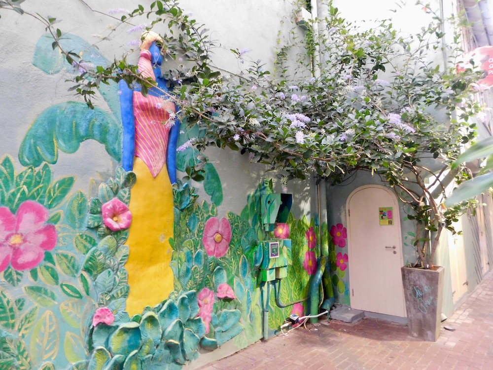 A three dimensional mural incorporateslive vines of flowers on a wall in punda, curacao.