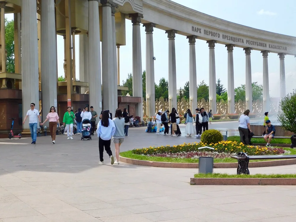 rhe colonnade at the front of popular first president park in almaty is huge and never fails to impress