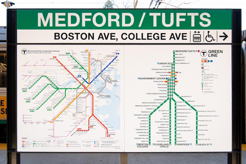 A map of the green line of boston's subway, the t, at the medford/tufts spot. The t is a good way to get around for college tours.