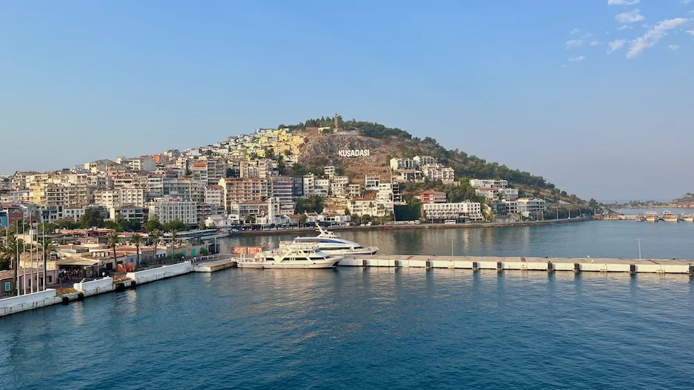 a view of the kusadasi, a resort town in turkey, from a cabin balcony on the ha oosterdam.