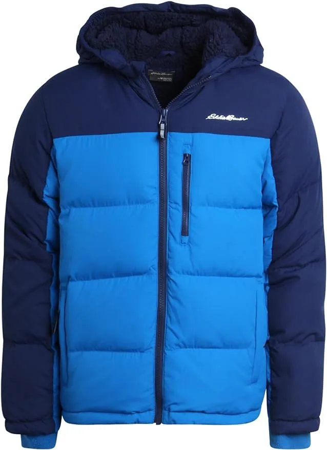 this eddies bauer winter coat comes in color combinations boys and girls will like. plus it has fleece and quilting for extra warmth.