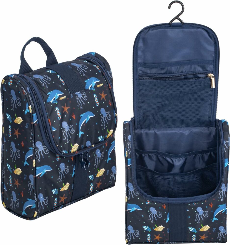 Kids can have their own toiletry bag. This one, with see creatures, keeps them organized and has plenty of room for their travel essentials