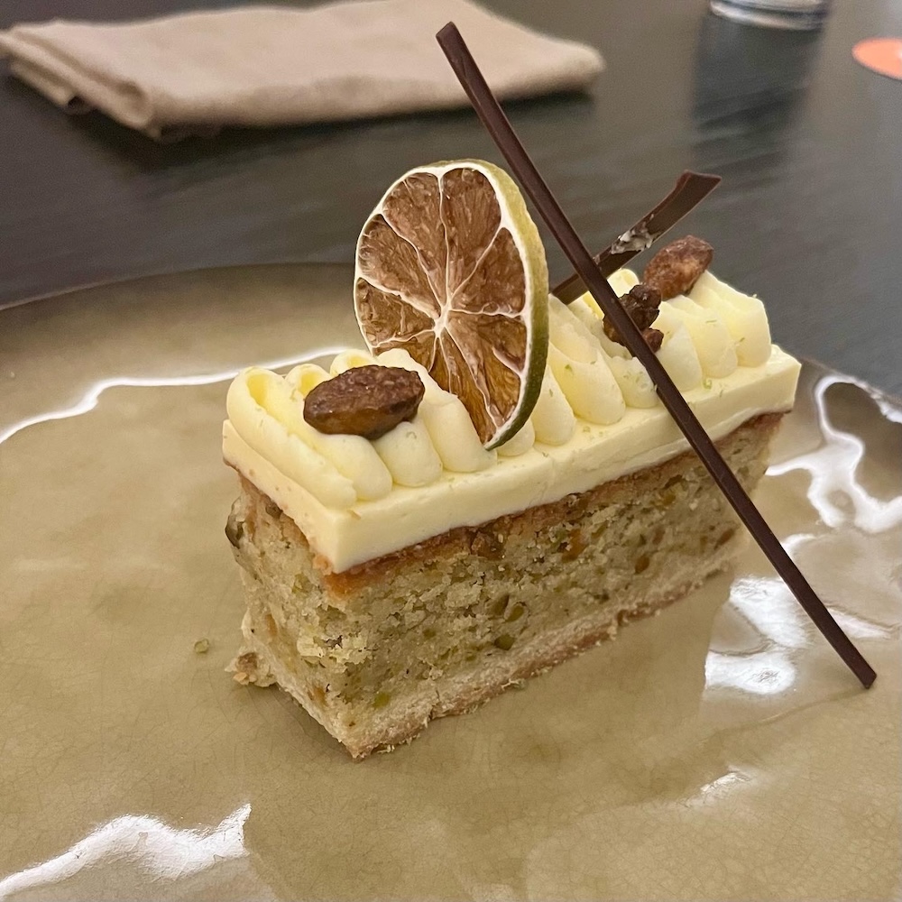 A frangipane and lime dessert at dia is pretty, tasty and light.