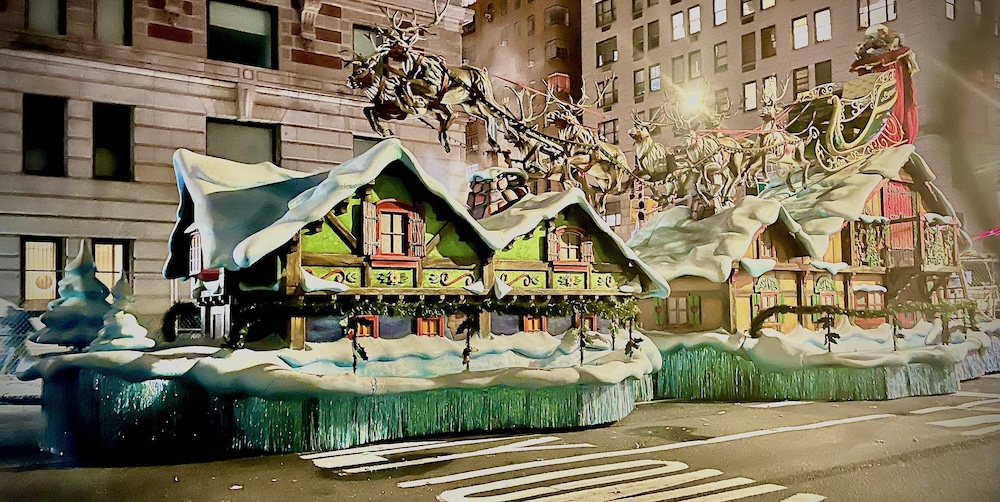 santa's sleigh is the end and the high point of the macy's thanksgiving day parade. here, the sleigh waits overnight for santa on central park west.