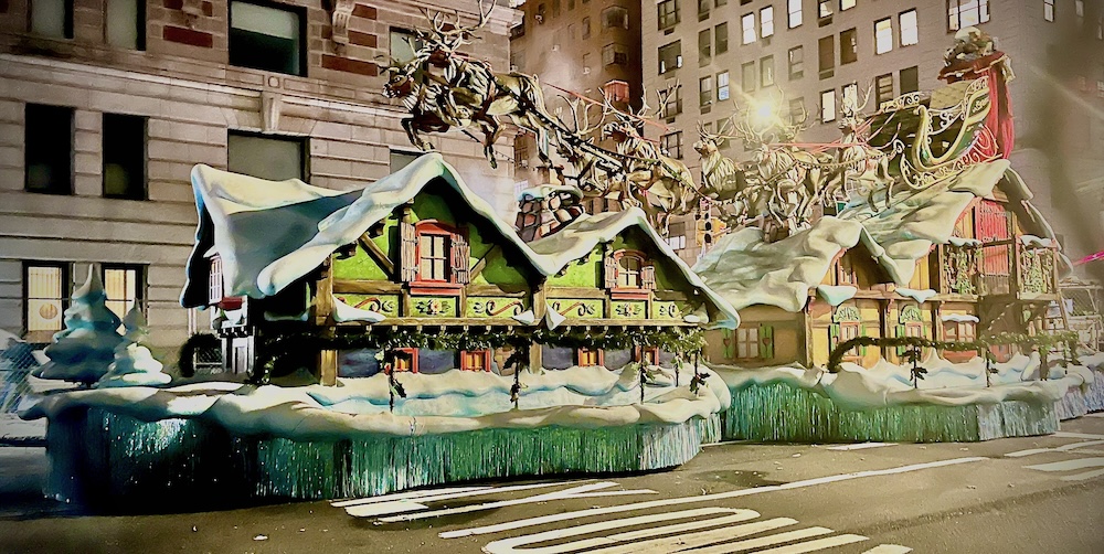 Santa's sleigh is the end and the high point of the macy's thanksgiving day parade. Here, the sleigh waits overnight for santa on central park west.