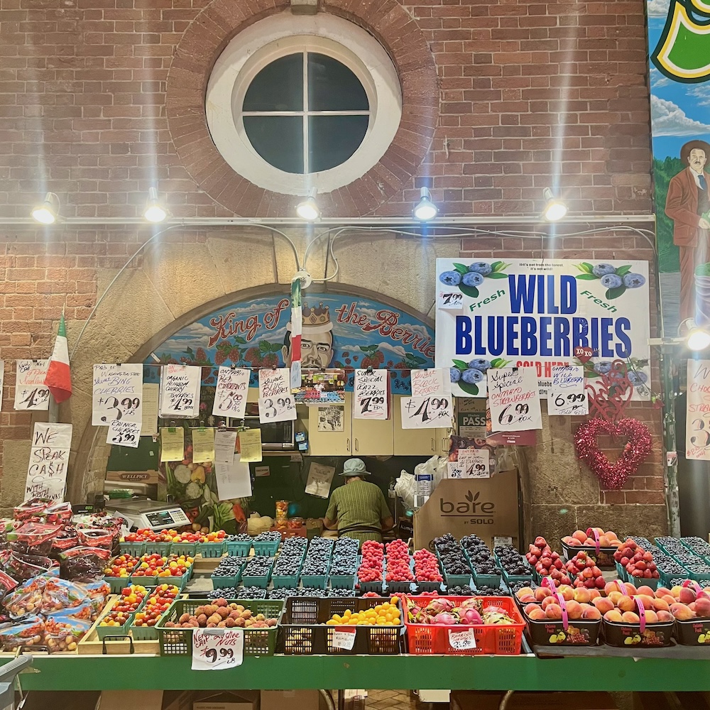 Fresh local fruit, including tiny wild blueberries, is available at the st. Lawrence indoor market.