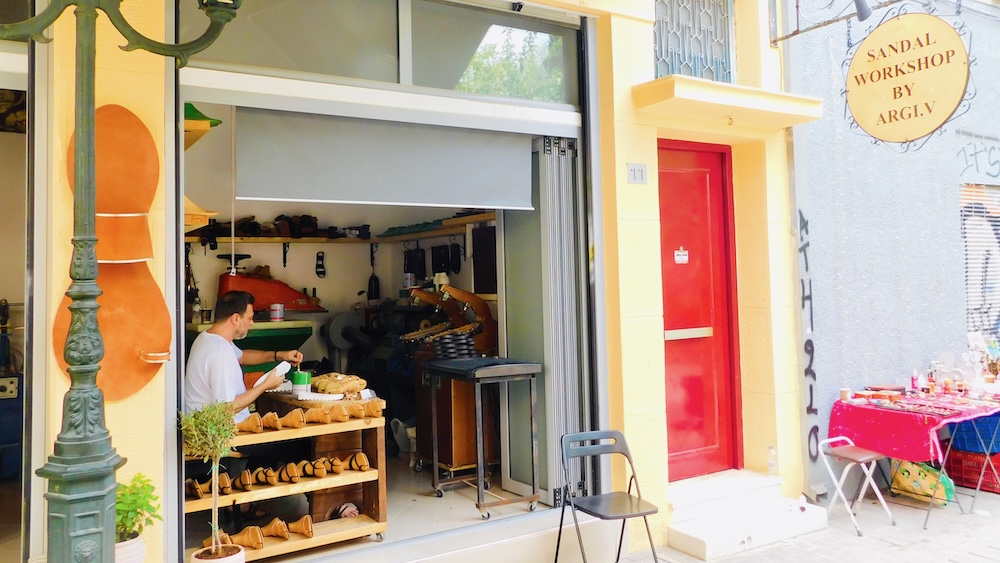 The argi. V sandal shop makes it shoes onsite at its store in monastiraki.