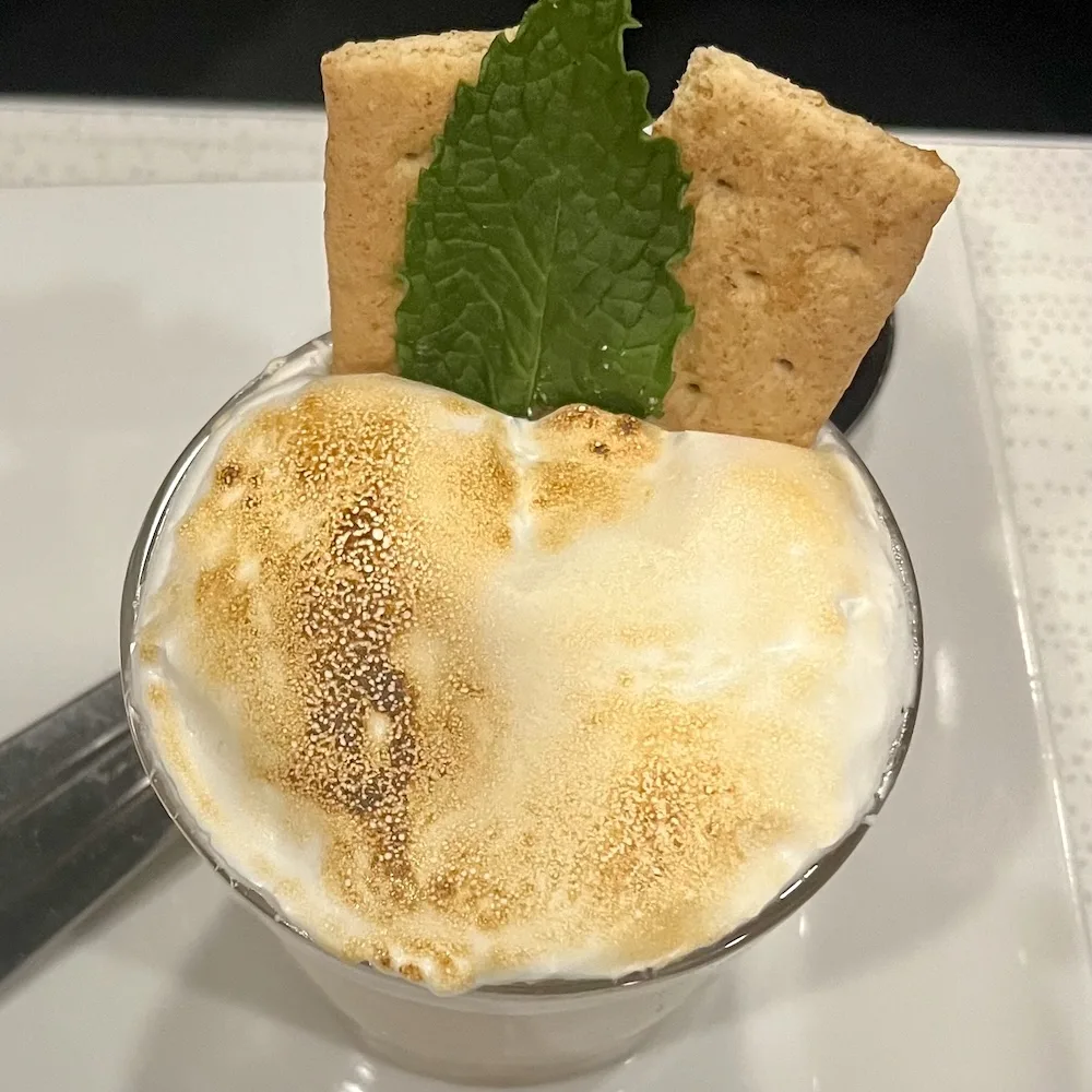 the homemade chocolate mousse at nervana game café has graham crackers and a toasted marshmallow top. 
