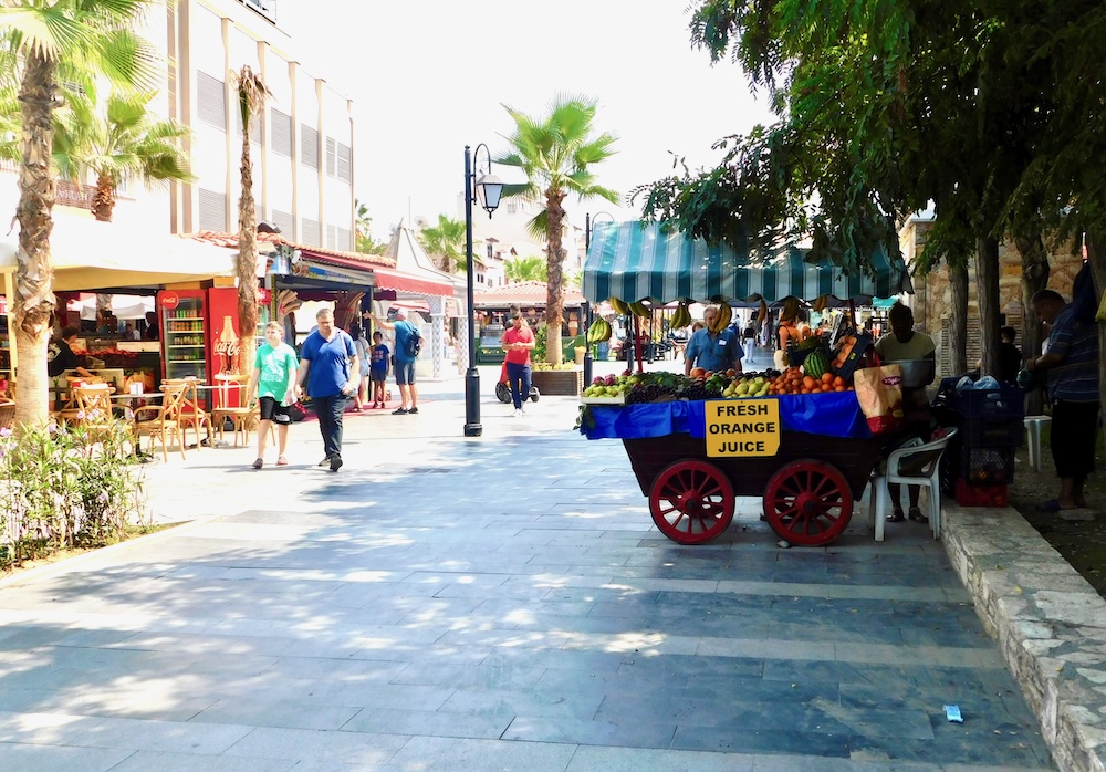 This wide pedestrian plaza with its fruit carts and stalls is the entry way to kusadasi's old town bazaar.