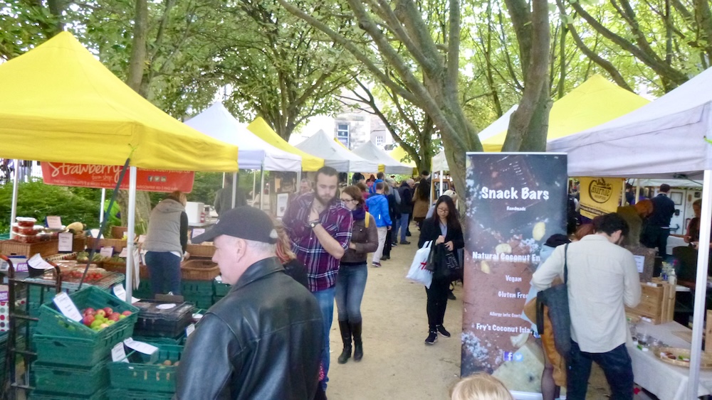 The weekend outdoor market stalls in stockbridge, a kid-friendly place to find lunch and snacks in edinburgh.
