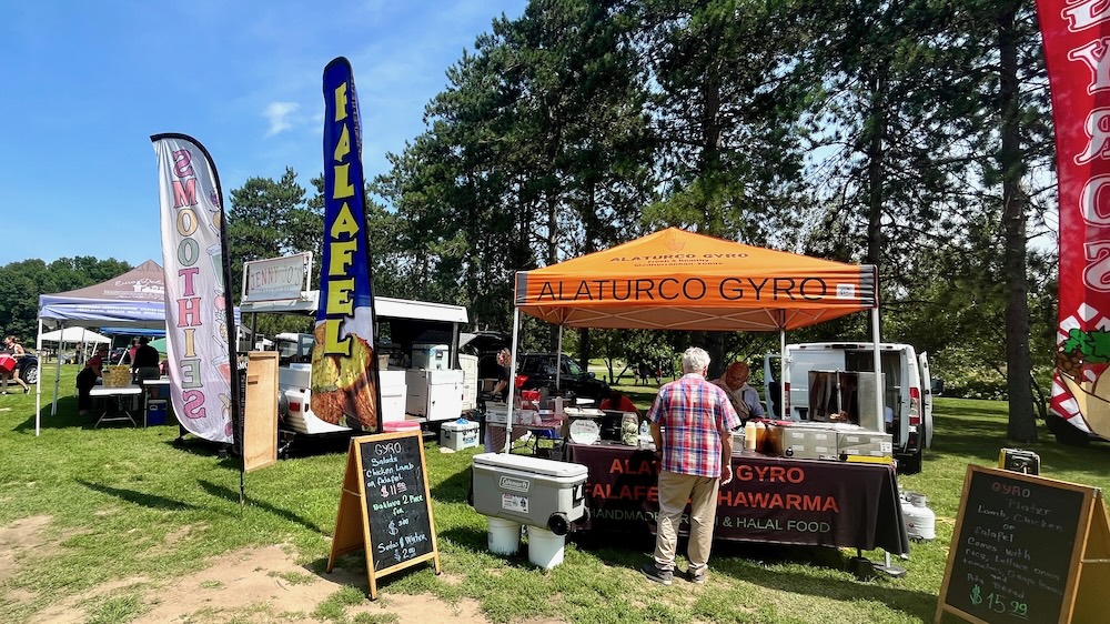 The spa city weekly outdoor market has prepared food in addition to produce and handmade items.